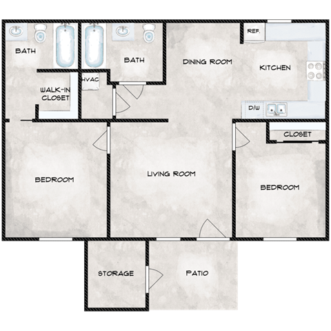 Floor plan for 2 beds, 2 baths, 825 sqft